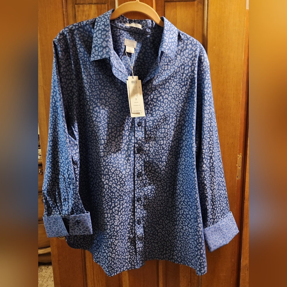 Chico's No Iron All-Season Stretch Mini Animal Print Shirt-INDIGO Sz. 3  XL